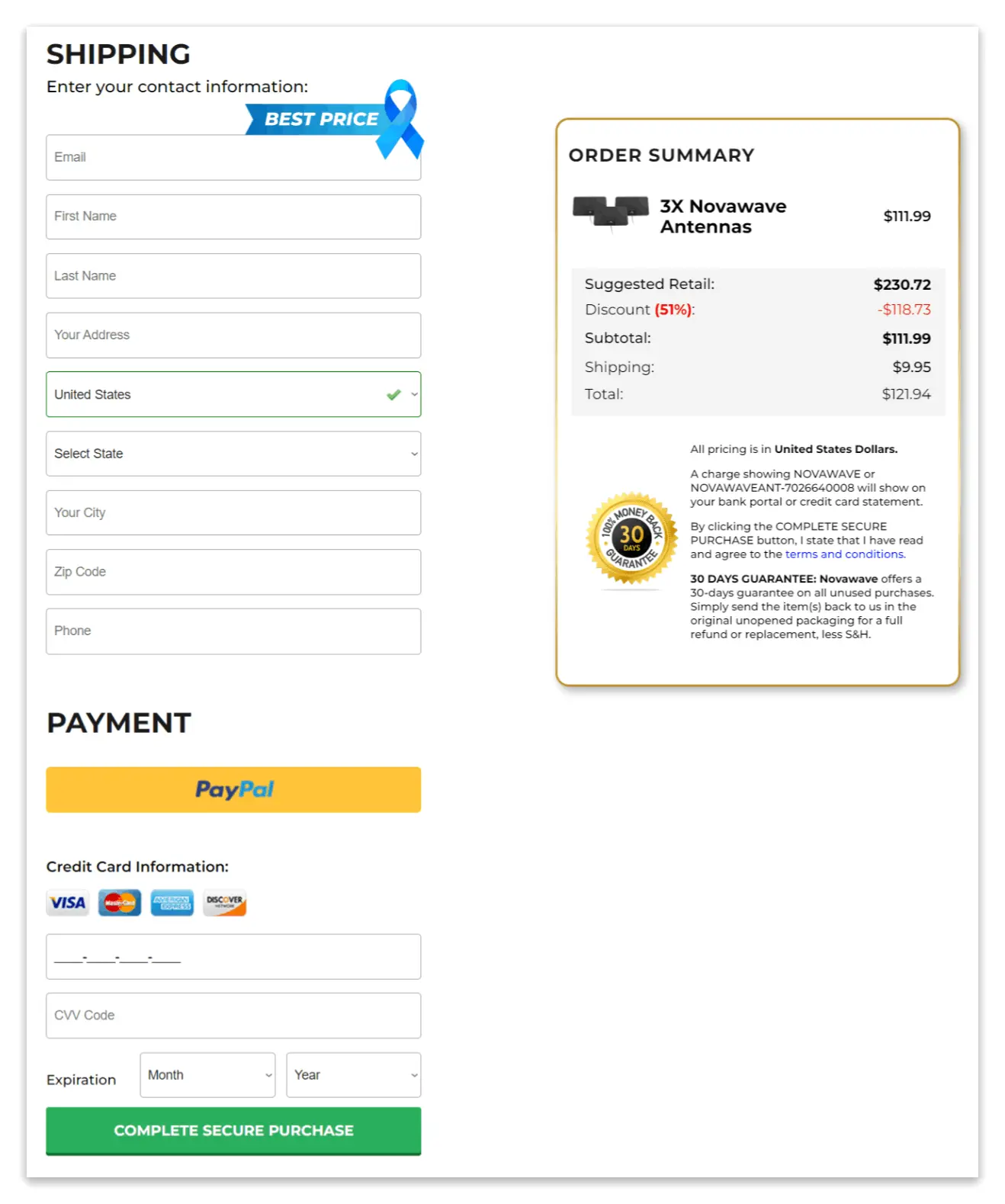 Novawave Antenna checkout page